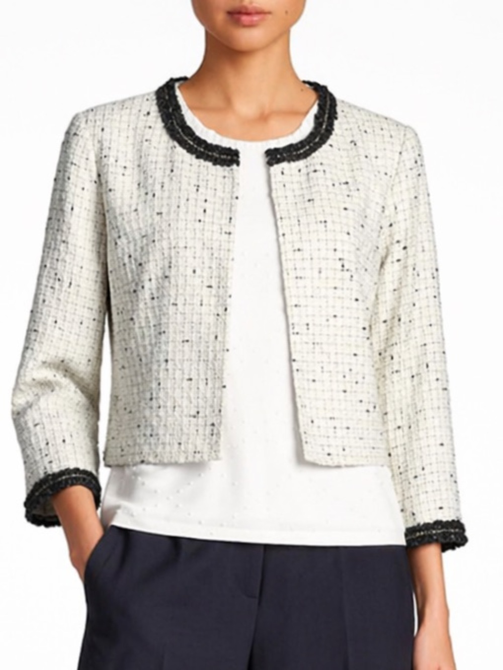 Karl Lagerfeld Paris Tweed Cropped Jacket Trim Bouclé Blazer M Old Money - Picture 1 of 10